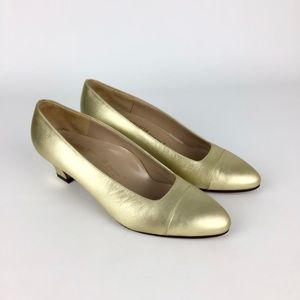 Vintage Ballotta Womens Gold Metallic Low Block Heel Italian Pumps size 6